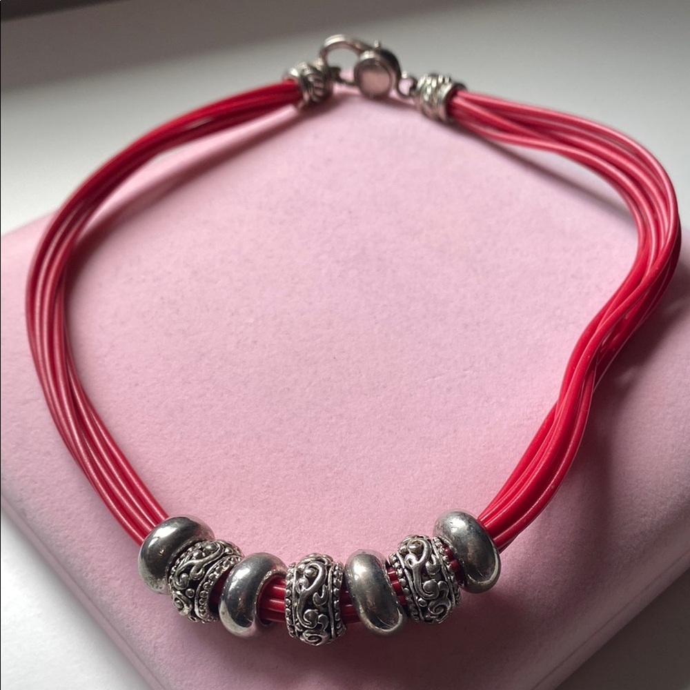Chic Red and Silver-tone Beaded Necklace. EUC
